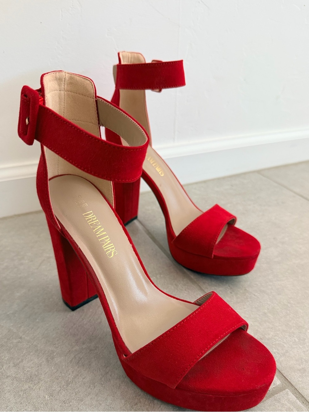 Dream Pairs Red Suede Platform Block Heels with Ankle Strap